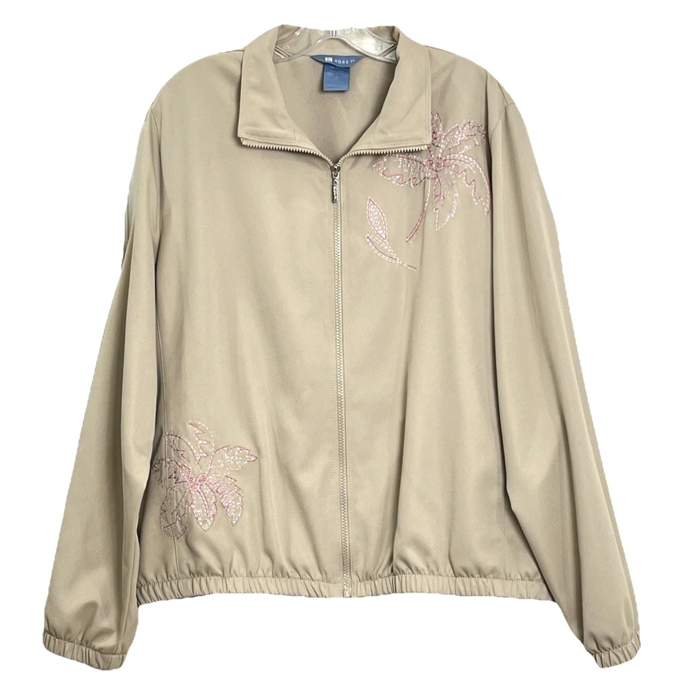 Vintage Koret Women's Windbreaker Jacket XL Beige Embroidered Pockets Full Zip